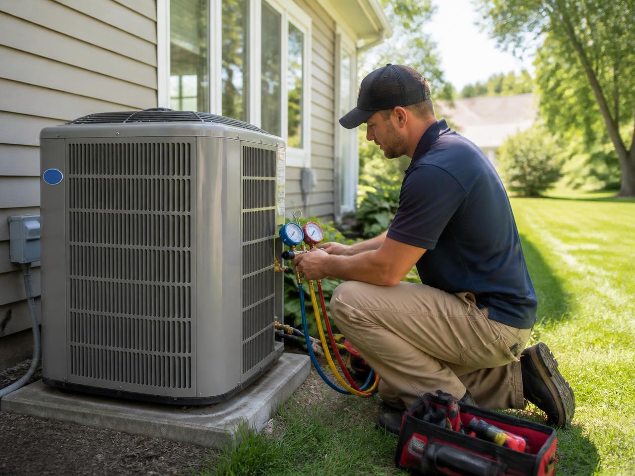 Technician servicing an outdoor air conditioning condenser at a home
