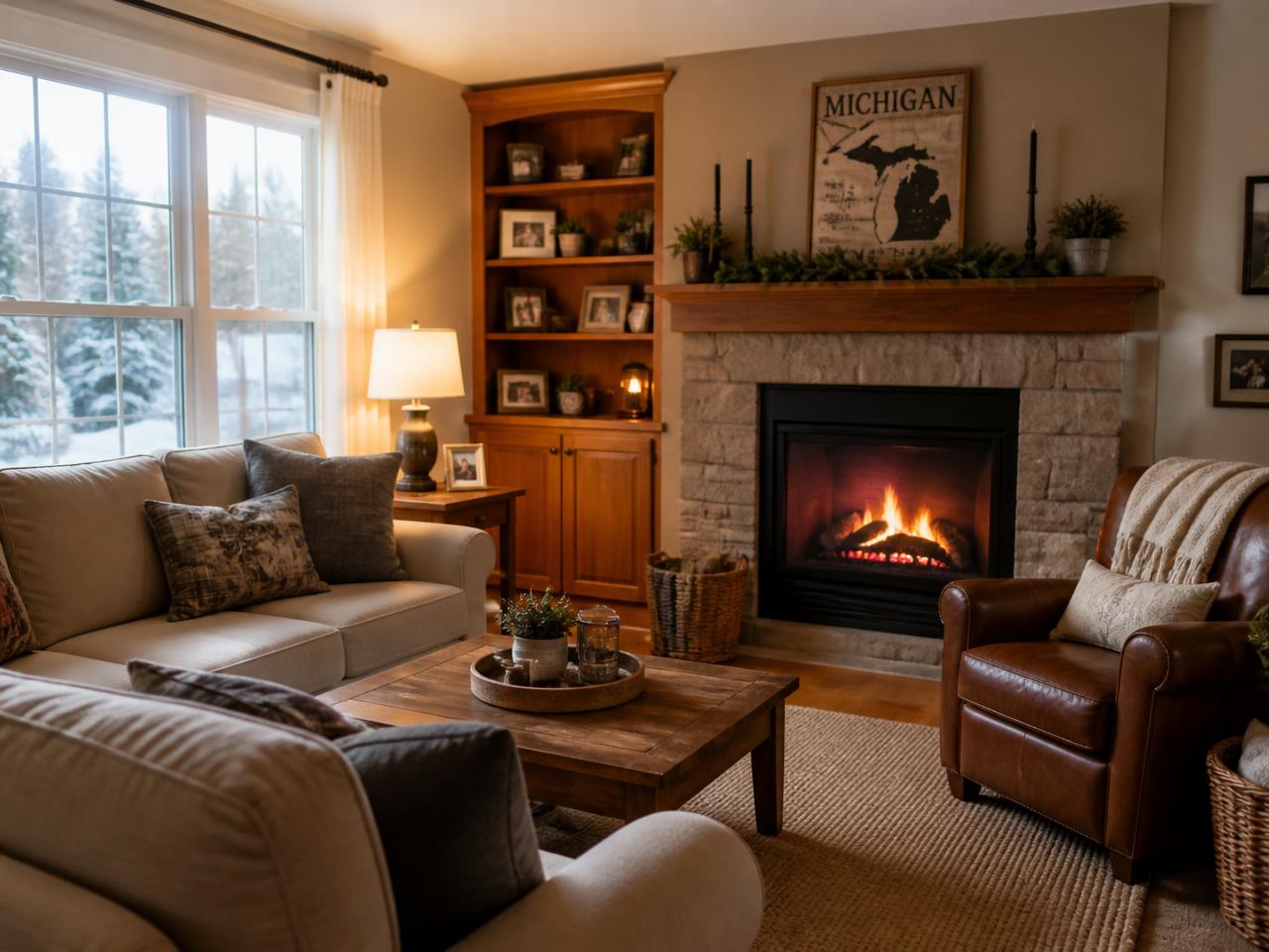 Warm Michigan living room with a fireplace during winter