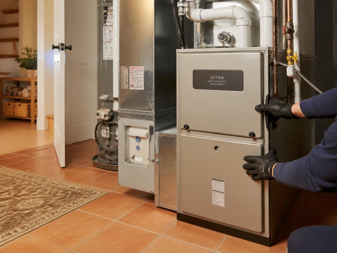 Technician opening the access panel on a residential gas furnace