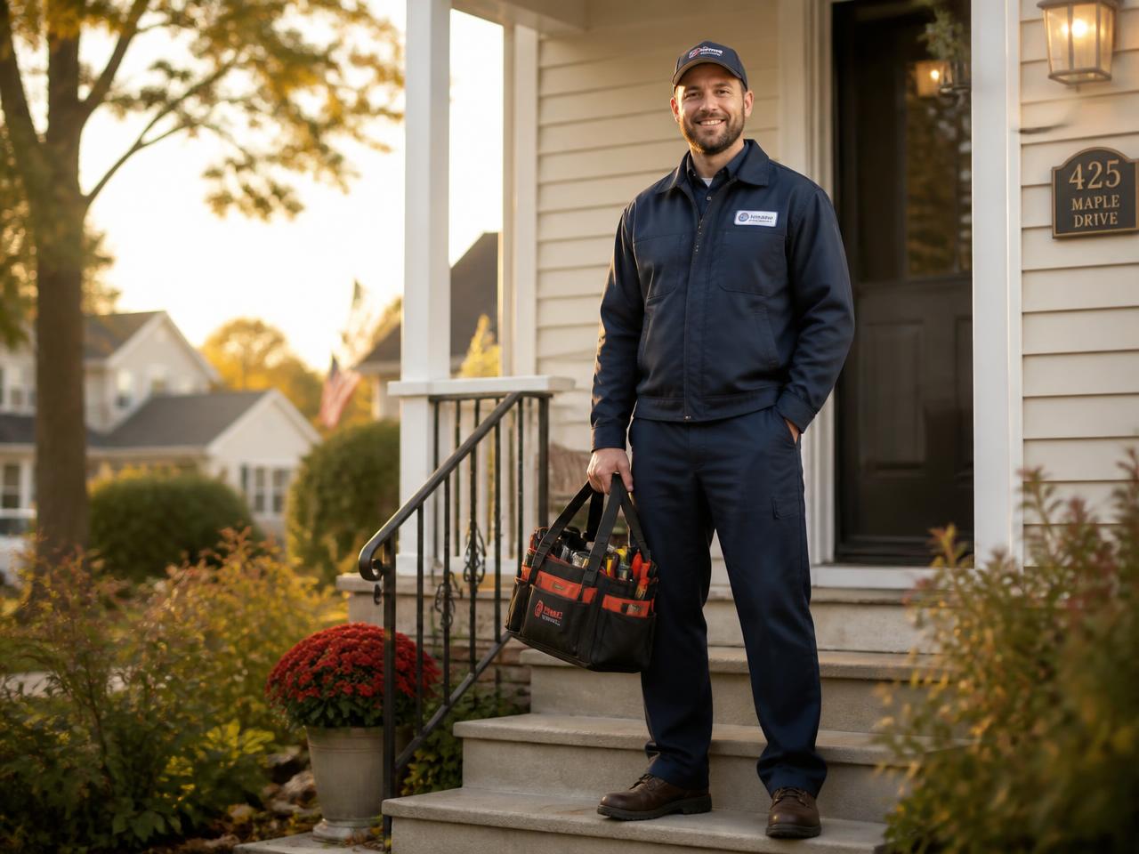 HVAC technician arriving at a Michigan home for a residential service call